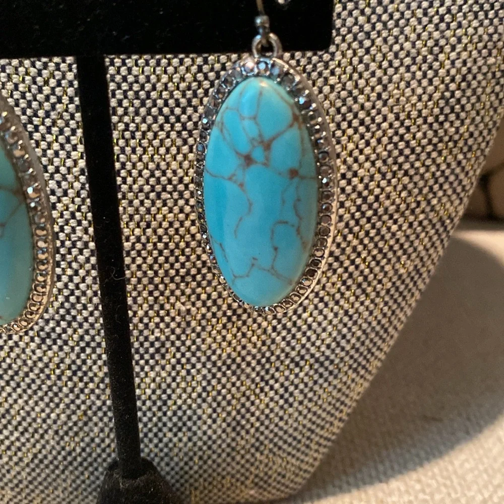 Blue and Silver Statement Earrings with Turquoise Stones - Picture 3 of 5